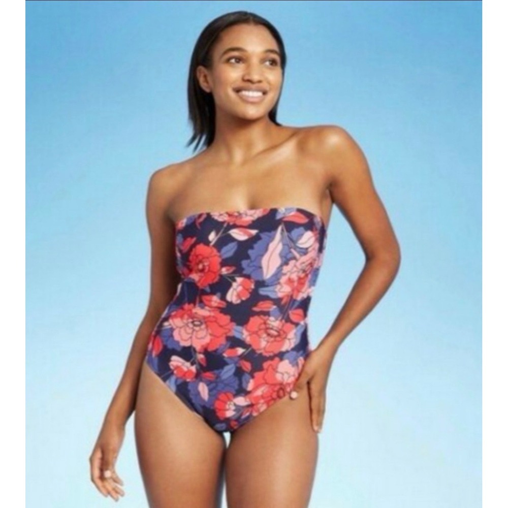 Kona Sol Women's Bandeau Modern One Piece Swimsuit Floral M (8-10)Pink Navy NWT